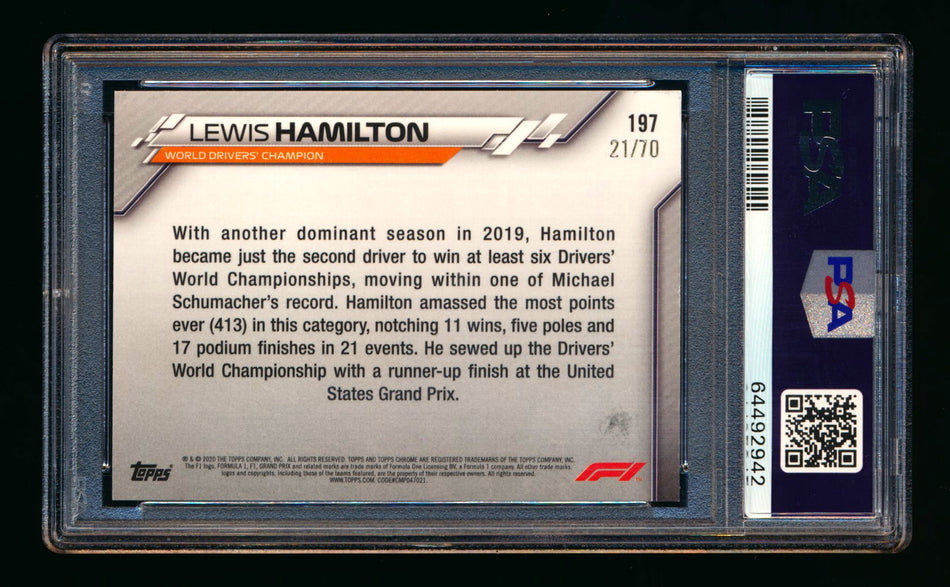 2020 Topps Chrome Sapphire F1 #197 Lewis Hamilton RC 70th Silver Refractor #21/70 PSA 9