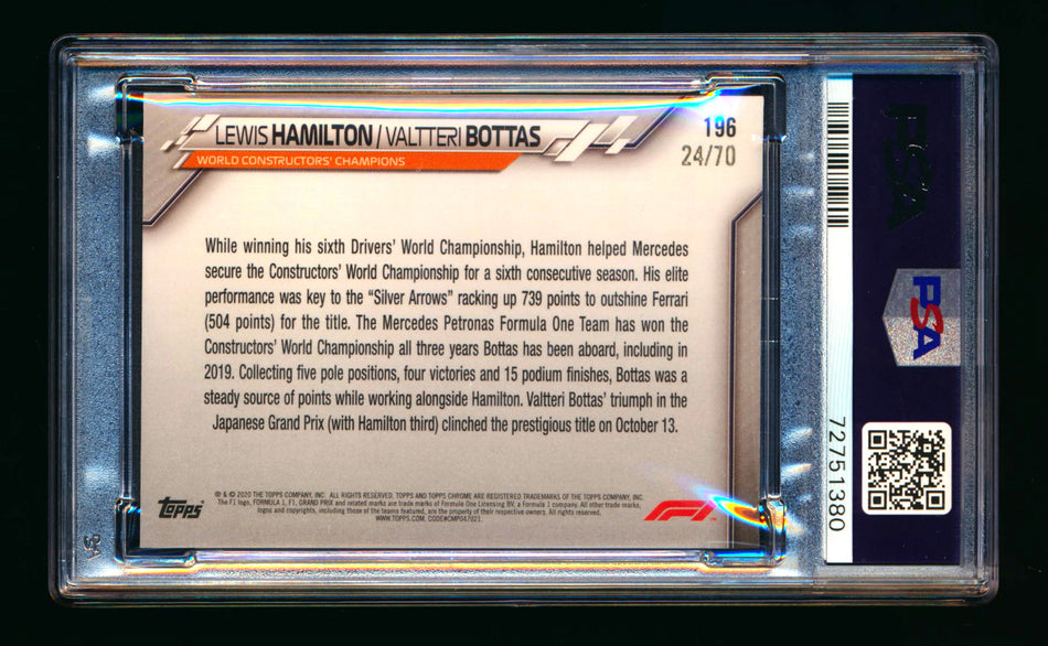 2020 Topps Chrome Sapphire F1 #196 Lewis Hamilton/Valtteri Bottas RC 70th Silver Refractor #24/70 PSA 10