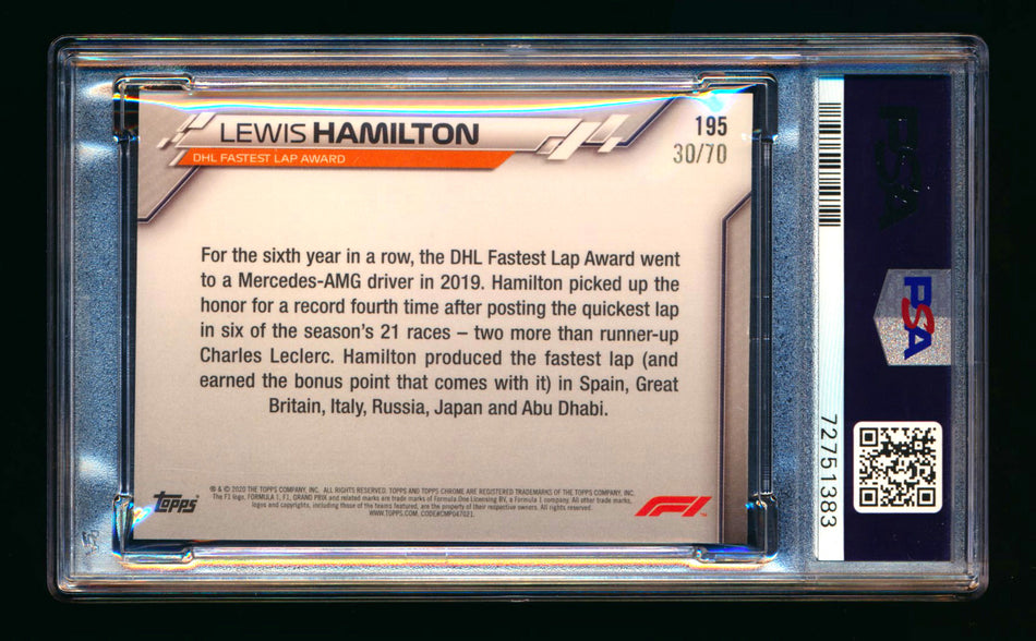 2020 Topps Chrome Sapphire F1 #195 Lewis Hamilton RC 70th Silver Refractor #30/70 PSA 9