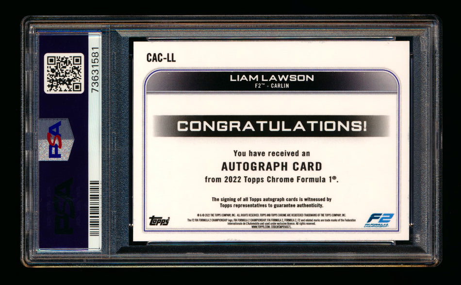 2022 Topps Chrome F1 #CAC-LL Liam Lawson RC Refractor Autograph PSA 10 DNA 10