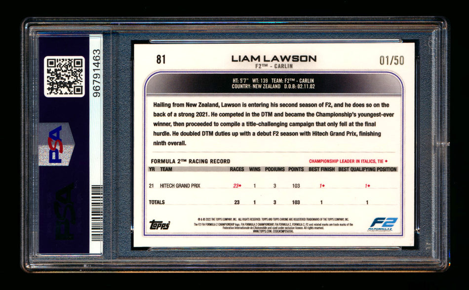 2022 Topps Chrome F1 #81 Liam Lawson RC Gold Refractor #01/50 PSA 10 (First #!)