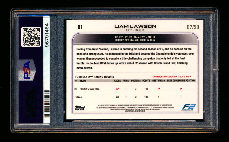 2022 Topps Chrome F1 #81 Liam Lawson RC Green Raywave Refractor #02/99 PSA 10