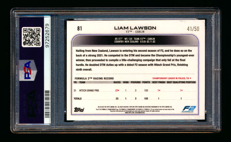 2022 Topps Chrome F1 #81 Liam Lawson RC Gold Wave Refractor #41/50 PSA 10