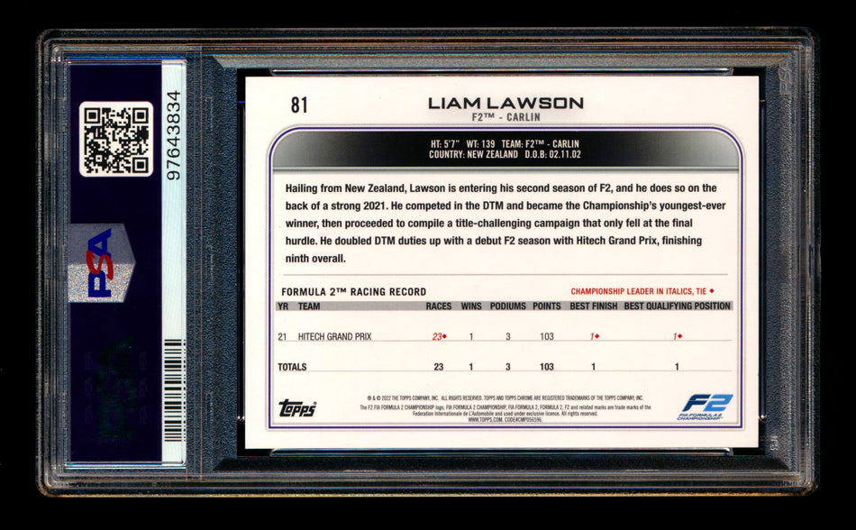 2022 Topps Chrome F1 #81 Liam Lawson RC Orange/Red Refractor PSA 10