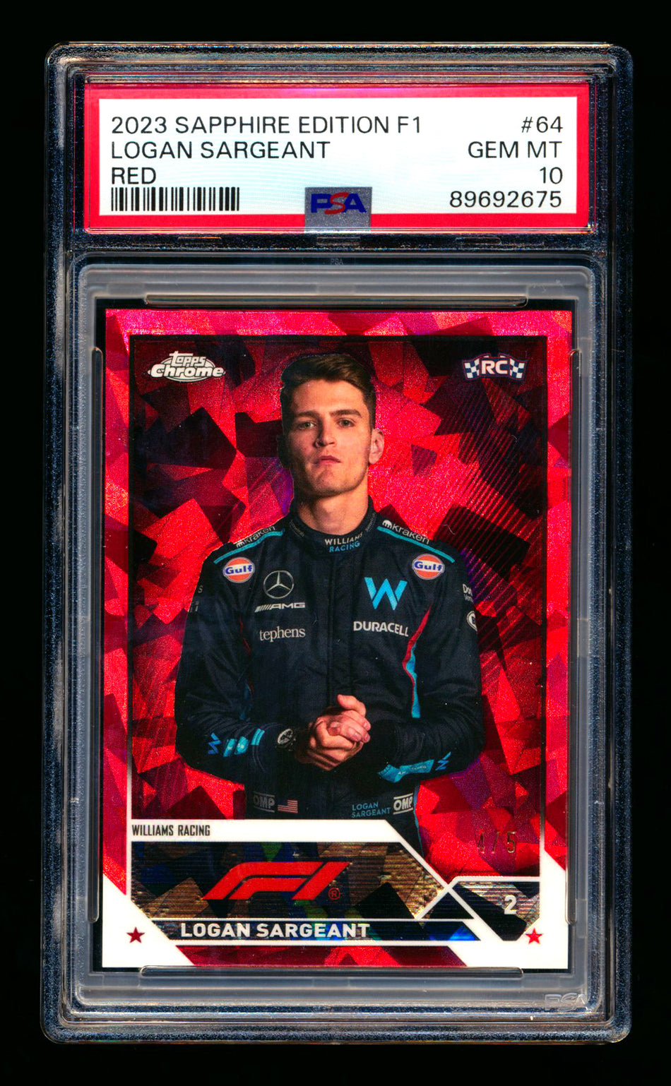 2023 Topps Chrome Sapphire F1 #64 Logan Sargeant RC Red Refractor Portrait #4/5 PSA 10