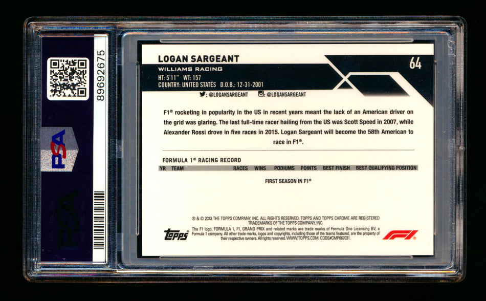 2023 Topps Chrome Sapphire F1 #64 Logan Sargeant RC Red Refractor Portrait #4/5 PSA 10