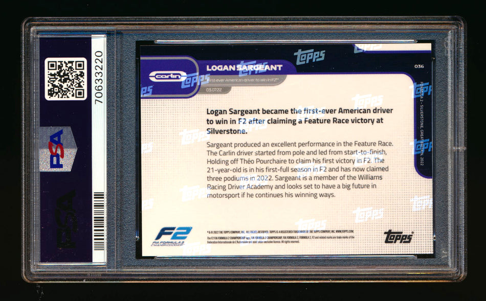 2022 Topps Now F1 #36 Logan Sargeant RC British Grand Prix PSA 10 ** (SOLD - $17.00 - 11/17/2024) **