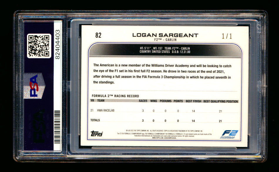 2022 Topps F1 #82 Logan Sargeant RC Foilfractor Portrait #1/1 PSA 9