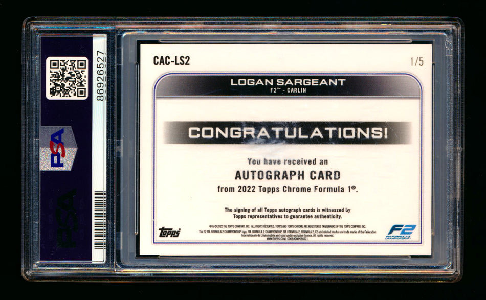 2022 Topps Chrome F1 #CAC-LS2 Logan Sargeant RC Red Refractor Autograph #1/5 PSA 7 DNA 10 (First #!)