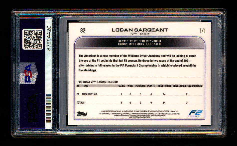 2022 Topps Chrome F1 #82 Logan Sargeant RC Superfractor #1/1 PSA 10