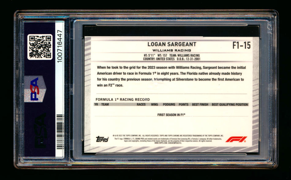 2023 Topps Chrome NSCC F1 #F1-15 Logan Sargeant RC Superfractor #1/1 PSA 8 - POP 1!