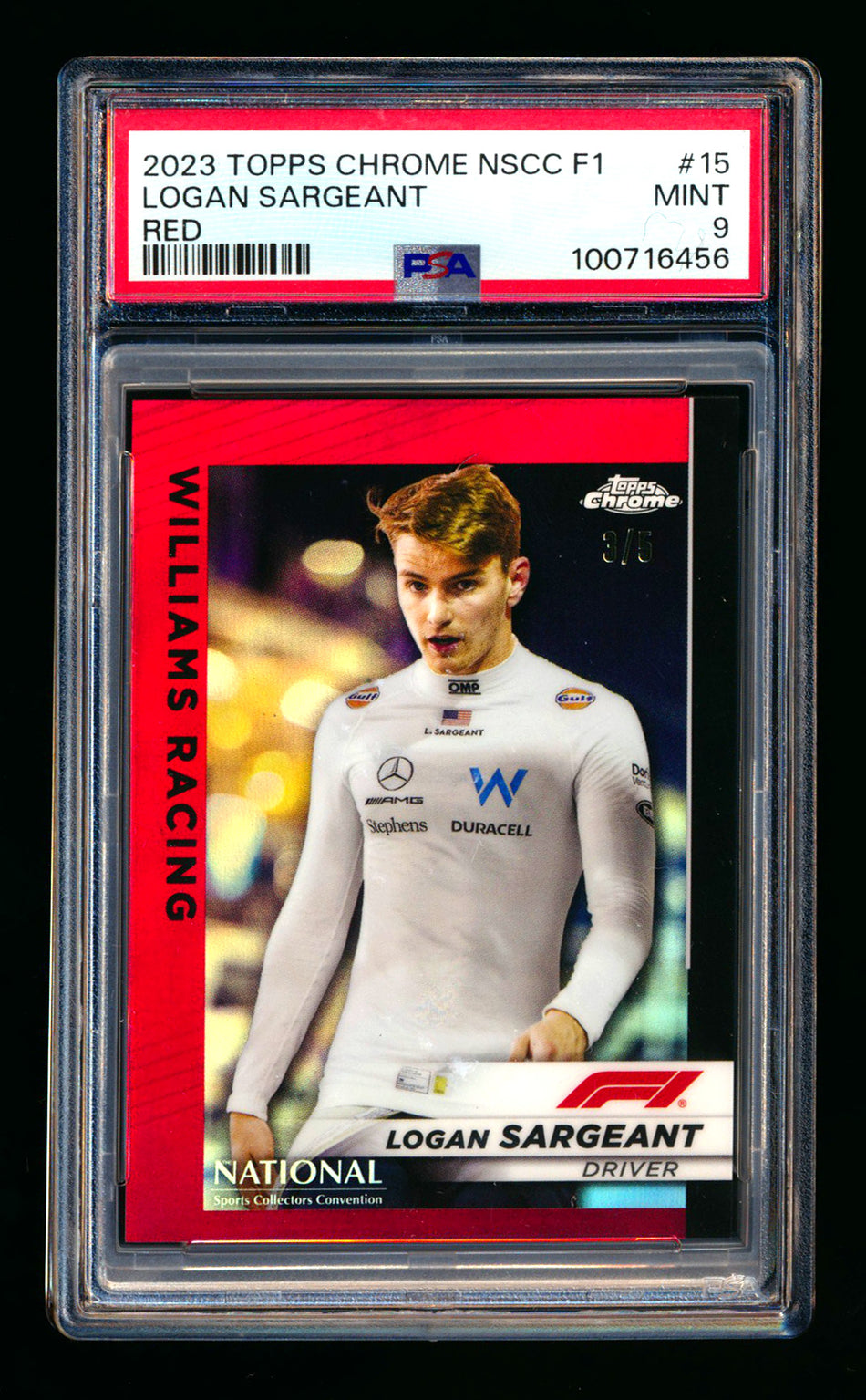2023 Topps Chrome NSCC F1 #F1-15 Logan Sargeant RC Red Refractor #3/5 PSA 9