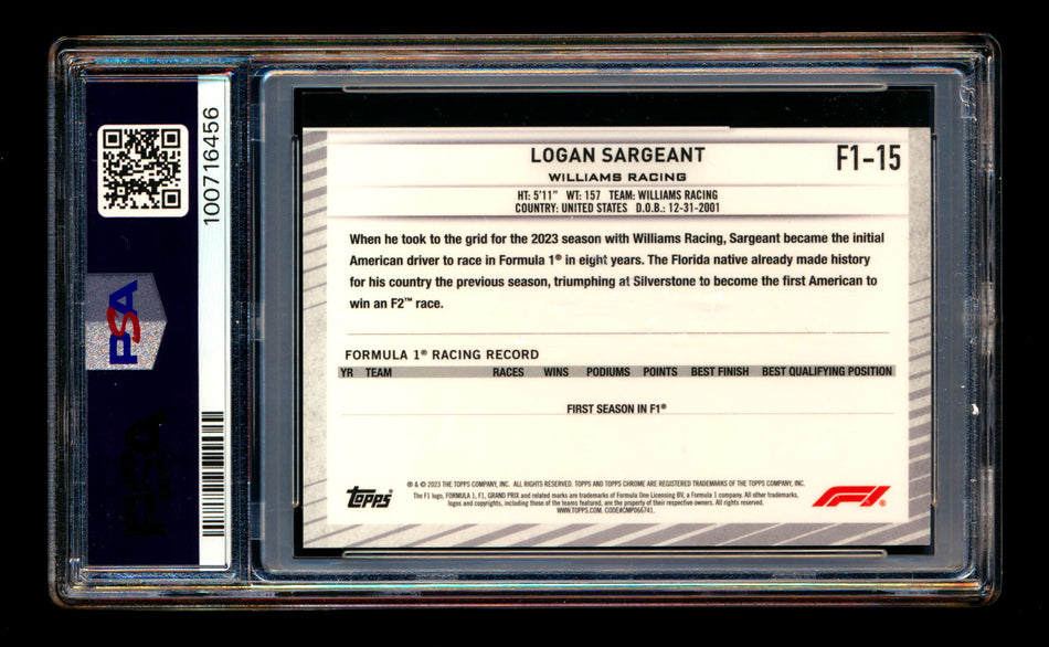 2023 Topps Chrome NSCC F1 #F1-15 Logan Sargeant RC Red Refractor #3/5 PSA 9