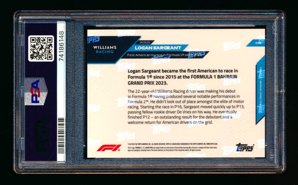 2023 Topps Now F1 #3 Logan Sargeant RC Bahrain Grand Prix PSA 9 ** (SOLD - $10.00 - 1/18/2025) **