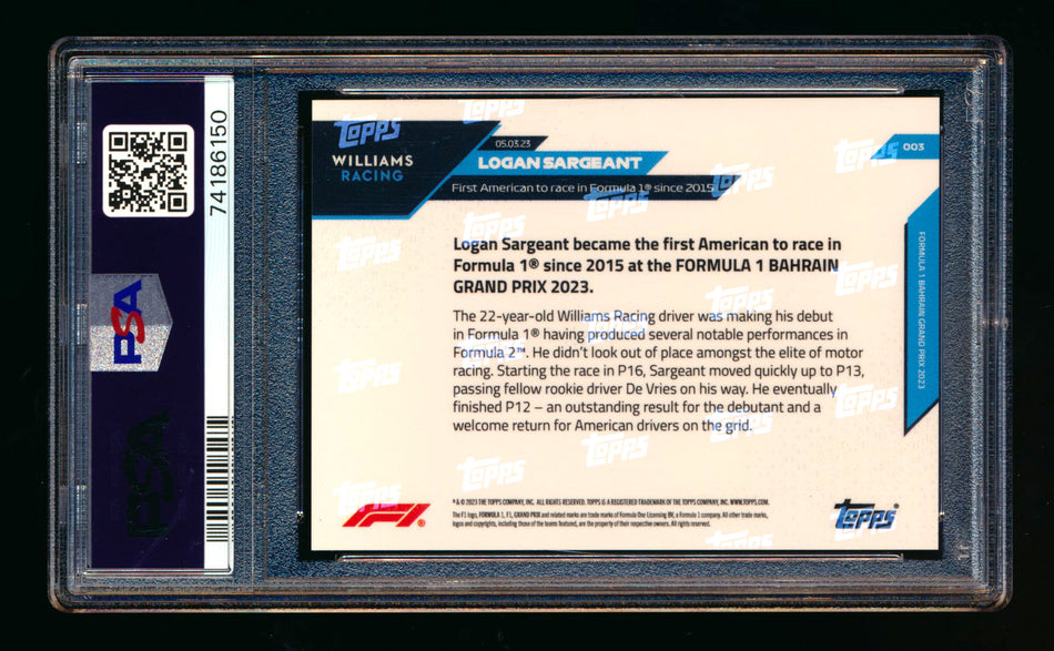 2023 Topps Now F1 #3 Logan Sargeant RC Bahrain Grand Prix PSA 10 ** (SOLD - $17.00 - 11/17/2024) **