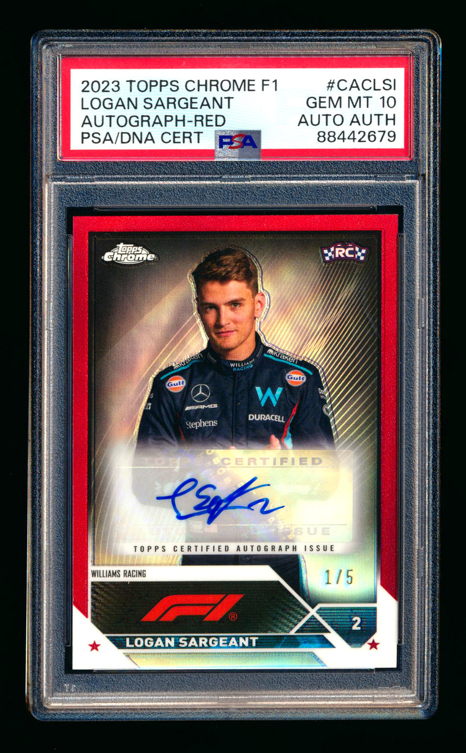 2023 Topps Chrome F1 #CAC-LSI Logan Sargeant RC Red Refractor Autograph #1/5 PSA 10 (First #!)