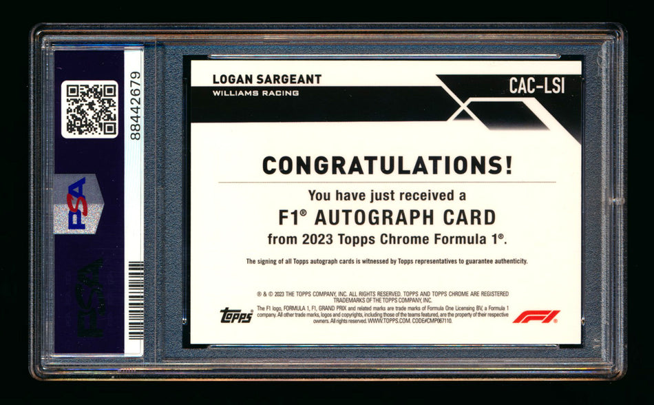 2023 Topps Chrome F1 #CAC-LSI Logan Sargeant RC Red Refractor Autograph #1/5 PSA 10 (First #!)