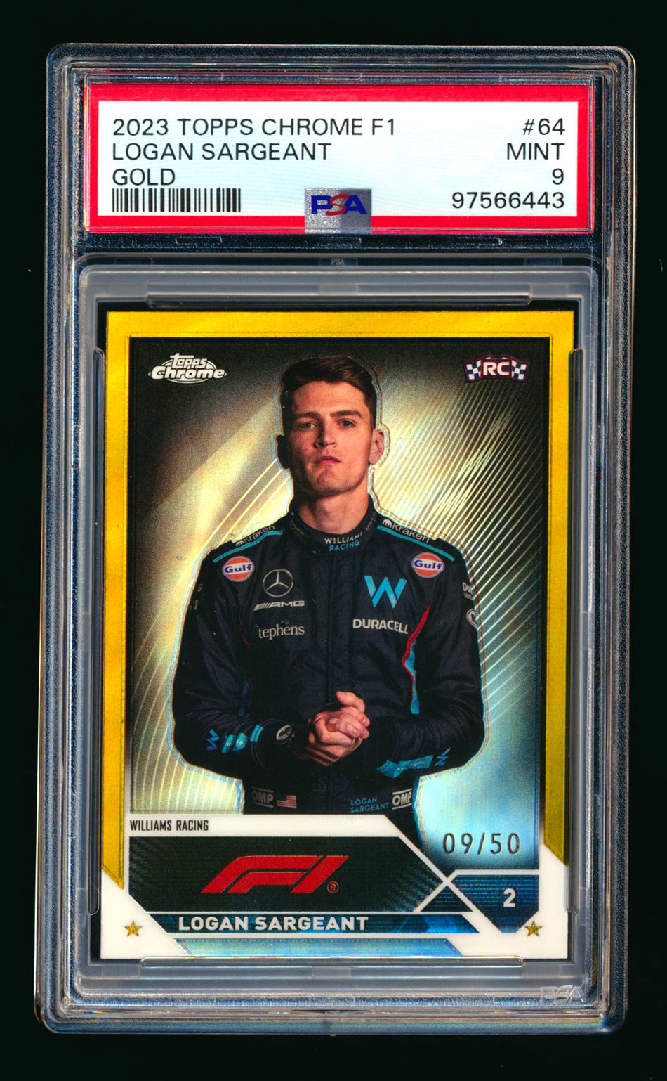 2023 Topps Chrome F1 #64 Logan Sargeant RC Gold Refractor Portrait #09/50 PSA 9
