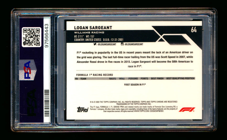 2023 Topps Chrome F1 #64 Logan Sargeant RC Gold Refractor Portrait #09/50 PSA 9