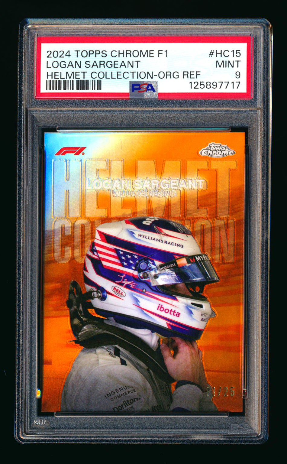 2024 Topps Chrome F1 Helmet Collection #HC-15 Logan Sargeant Orange Refractor #11/25 PSA 9 ** (SOLD eBay - $129.00 - 1/7/2026) **