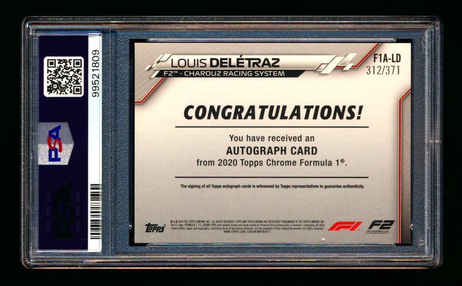 2020 Topps Chrome F1 #F1A-LD Louis Deletraz RC Refractor Autograph #312/371 PSA 7 DNA 10