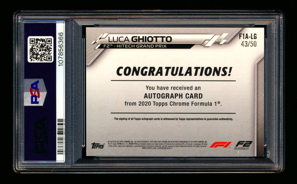 2020 Topps Chrome F1 #F1A-LG Luca Ghiotto RC Gold Wave Refractor Autograph #43/50 PSA 8 ** (SOLD - $59.00 - 11/1/2025) **