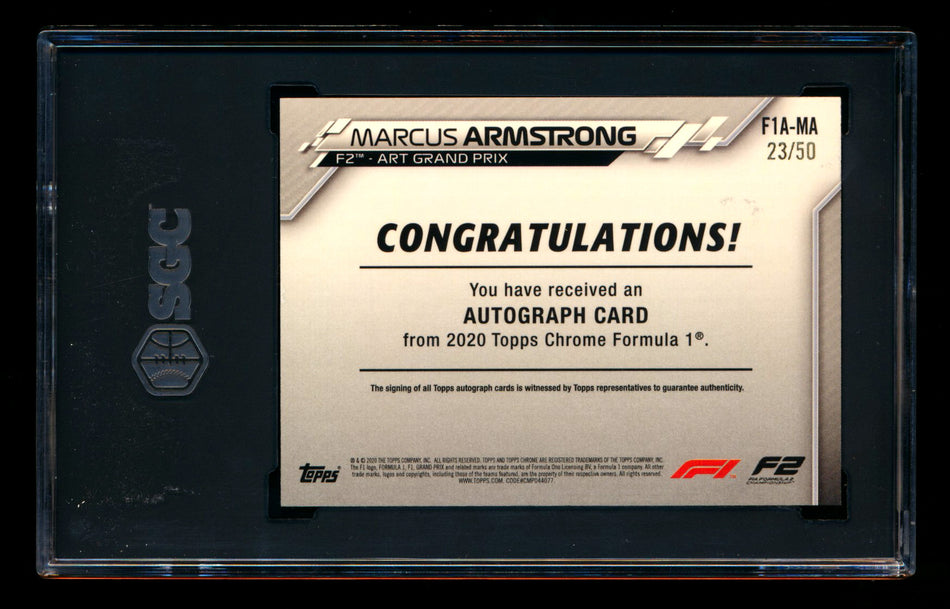 2020 Topps Chrome F1 #F1A-MA Marcus Armstrong RC Gold Refractor Autograph #23/50 SGC 9.5 DNA 10