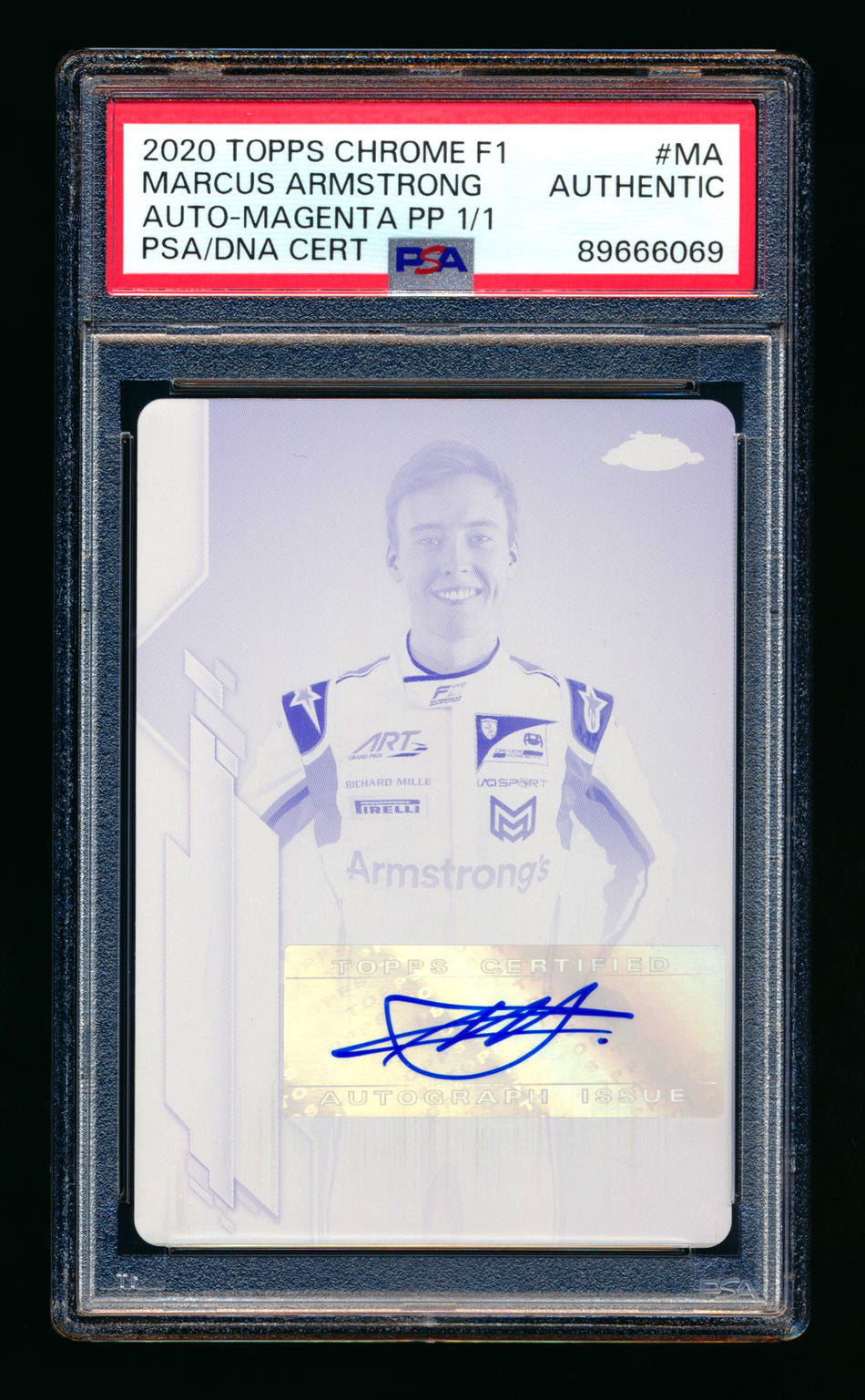 2020 Topps Chrome F1 #F1A-MA Marcus Armstrong RC Magenta Printing Plate Autograph #1/1 PSA Authentic