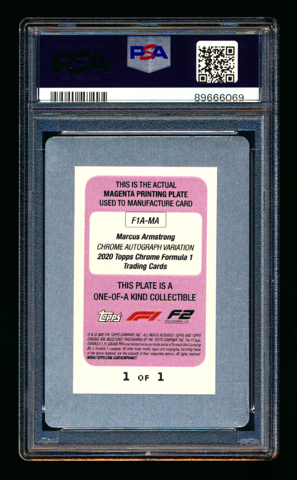 2020 Topps Chrome F1 #F1A-MA Marcus Armstrong RC Magenta Printing Plate Autograph #1/1 PSA Authentic