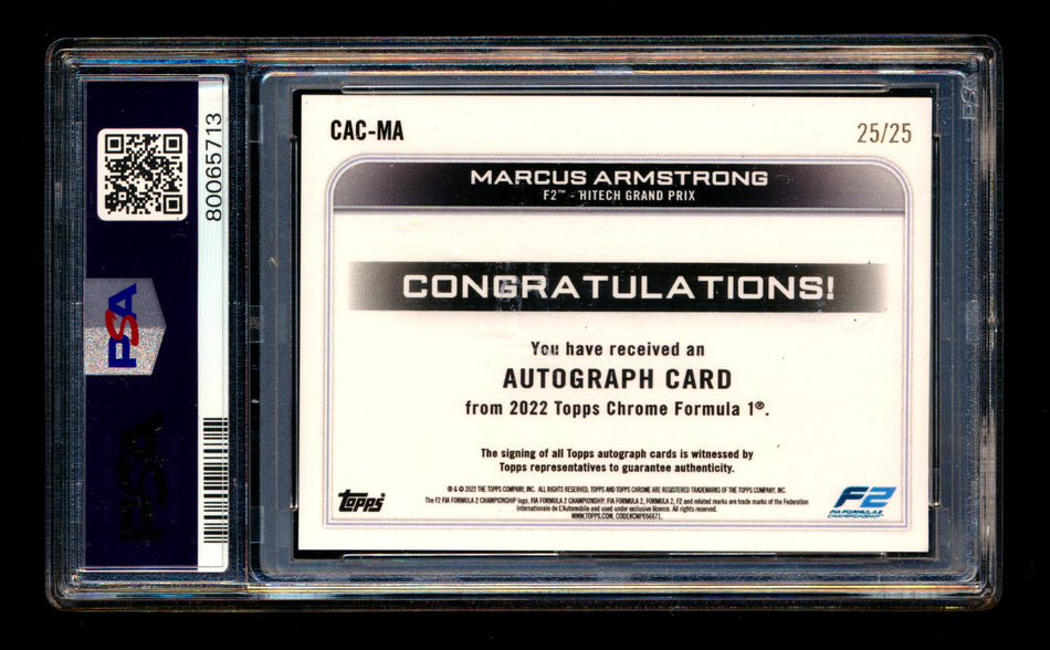 2022 Topps Chrome F1 #CAC-MA Marcus Armstrong RC Orange Refractor Autograph #25/25 PSA 10 DNA 10 (Last #)