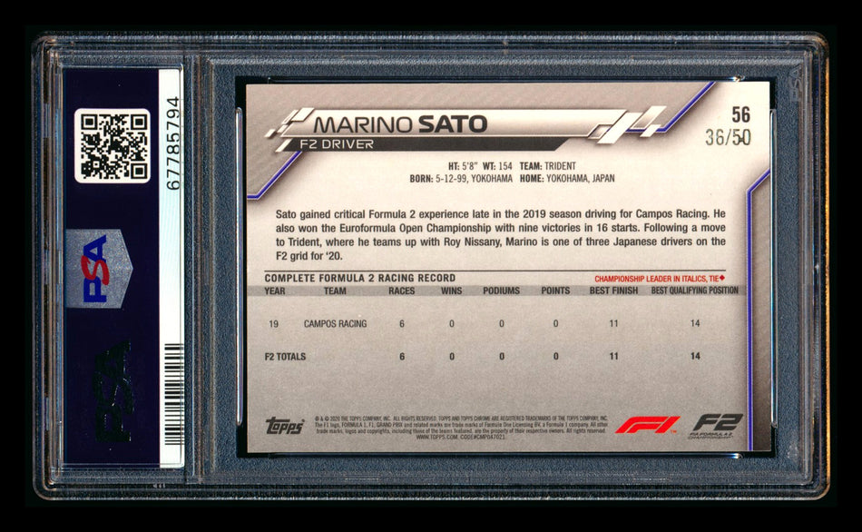 2020 Topps Chrome Sapphire F1 #56 Marino Sato RC Gold Refractor #36/50 PSA 9