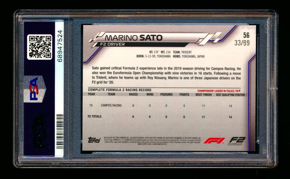 2020 Topps Chrome Sapphire F1 #56 Marino Sato RC Aqua Refractor #33/99 PSA 9