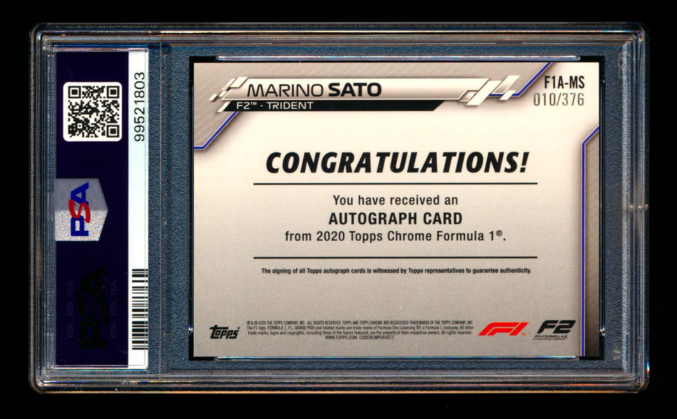 2020 Topps Chrome F1 #F1A-MS Marino Sato RC Refractor Autograph #010/376 PSA 7 DNA 10