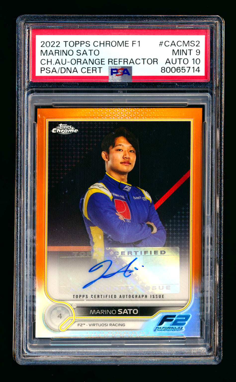 2022 Topps Chrome F1 #CAC-MS Marino Sato RC Orange Refractor Autograph #13/25 PSA 9 DNA 10