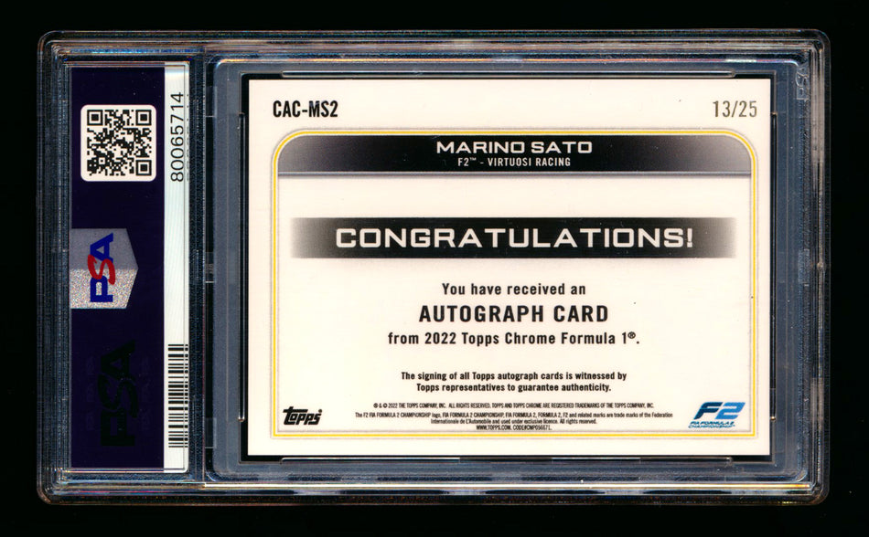 2022 Topps Chrome F1 #CAC-MS Marino Sato RC Orange Refractor Autograph #13/25 PSA 9 DNA 10