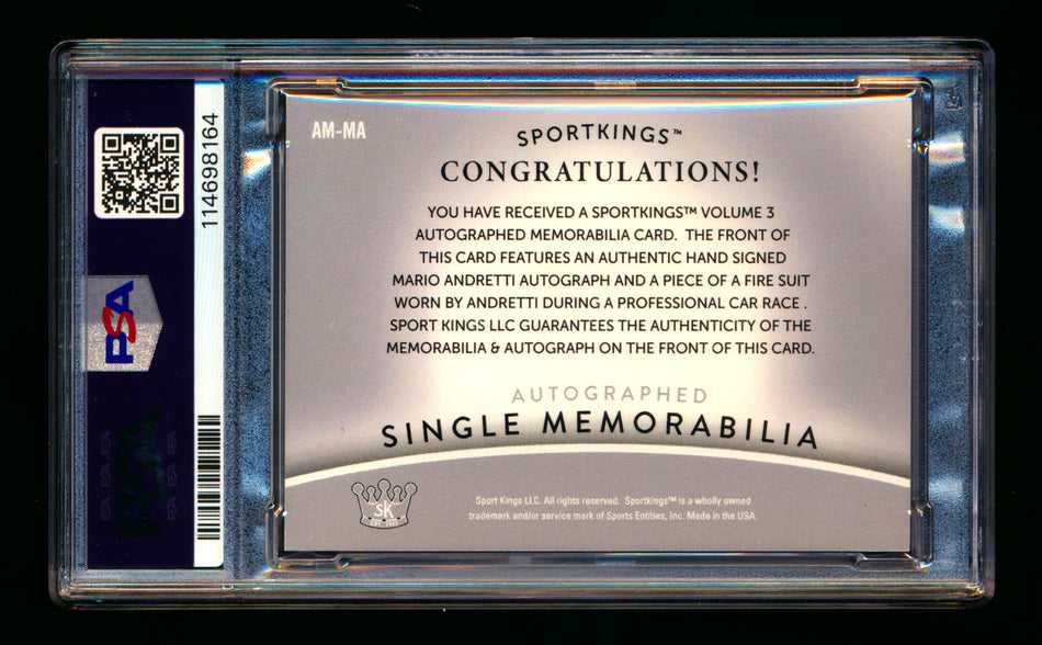 2022 Sportkings Volume 3 #AM-MA Mario Andretti Silver Patch Autograph #04/25 PSA 9 ** (SOLD eBay - $179.00 - 11/28/2025) **