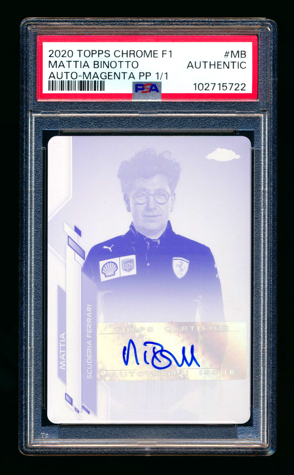 2020 Topps Chrome F1 #F1A-MB Mattia Binotto RC Magenta Printing Plate Autograph #1/1 PSA Authentic ** (SOLD eBay - $595.00 - 3/29/2026) **