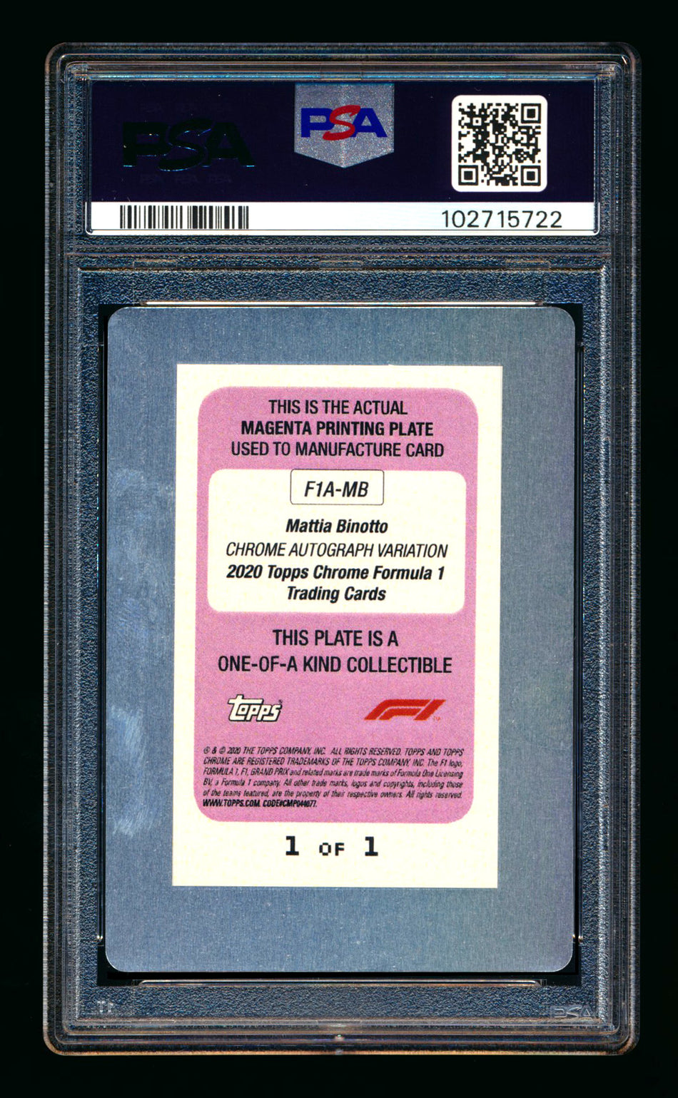2020 Topps Chrome F1 #F1A-MB Mattia Binotto RC Magenta Printing Plate Autograph #1/1 PSA Authentic ** (SOLD eBay - $595.00 - 3/29/2026) **