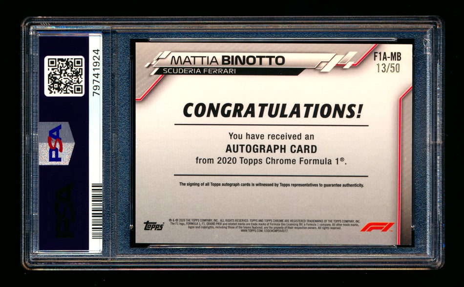 2020 Topps Chrome F1 #F1A-MB Mattia Binotto RC Gold Wave Refractor Autograph #13/50 PSA 7 DNA 10 ** (SOLD - $129.00 - 11/1/2025) **