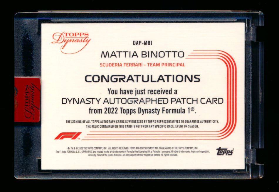 2022 Topps Dynasty F1 #DAP-MBI Mattia Binotto Gold Patch Autograph #1/1 (Open Seal) ** (SOLD - $899.00 - 12/20/2024) **