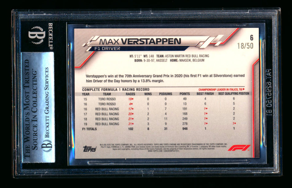 2020 Topps Chrome Sapphire F1 #6 Max Verstappen RC Gold Refractor Portrait #18/50 BGS 9