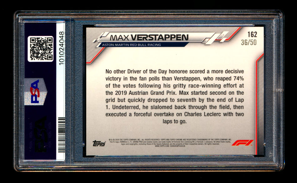 2020 Topps Chrome F1 #162 Max Verstappen RC Gold Wave Refractor #36/50 PSA 7 ** (SOLD - $109.00 - 4/4/2025) **