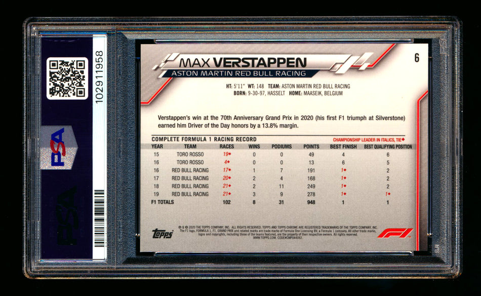 2020 Topps Chrome F1 #6 Max Verstappen RC Refractor Image Variation SP PSA 9