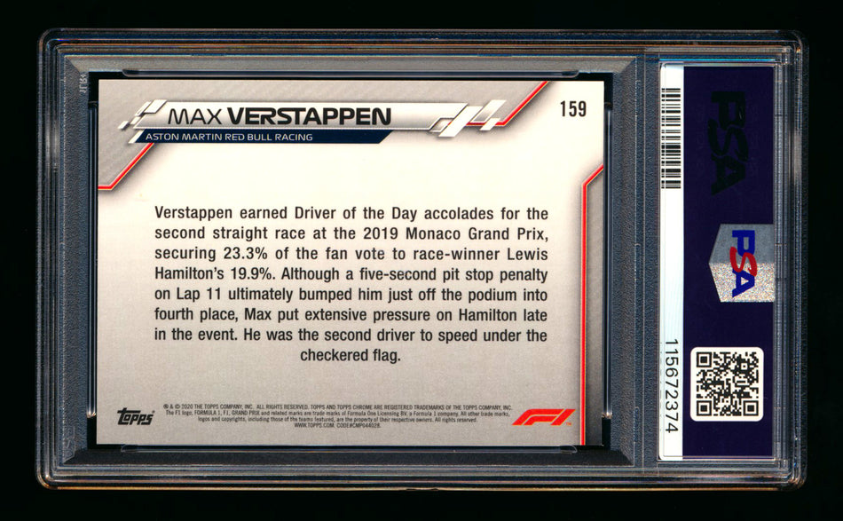 2020 Topps Chrome F1 #159 Max Verstappen RC 70th Anniversary Gold Refractor PSA 10 ** (SOLD - $349.00 - 12/28/2025) **
