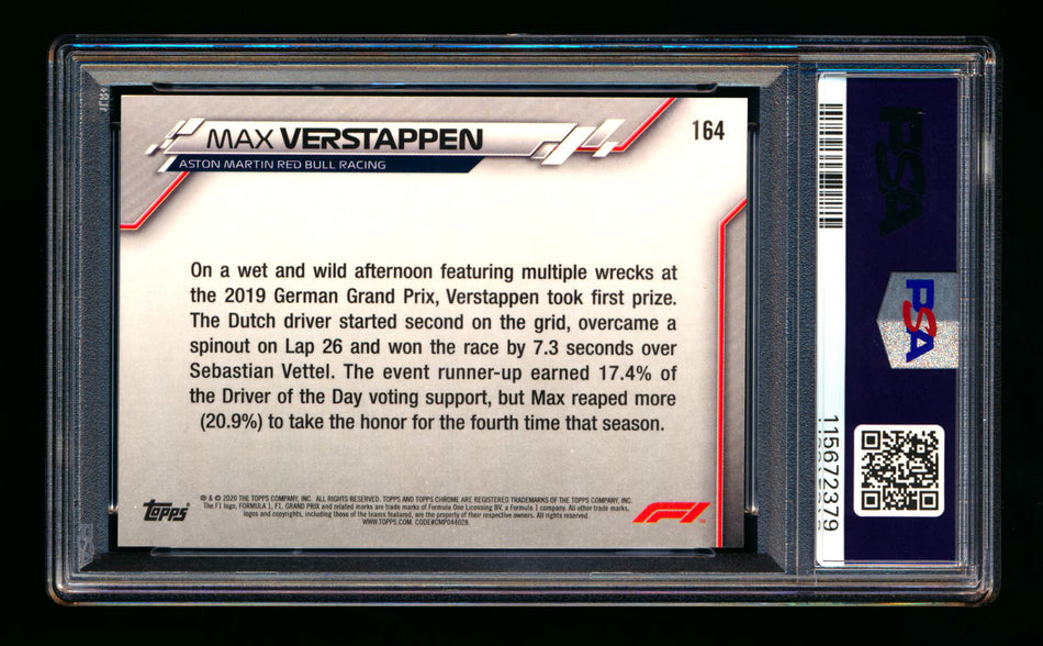 2020 Topps Chrome F1 #164 Max Verstappen RC 70th Anniversary Orange Refractor PSA 10 ** (SOLD - $349.00 - 12/28/2025) **
