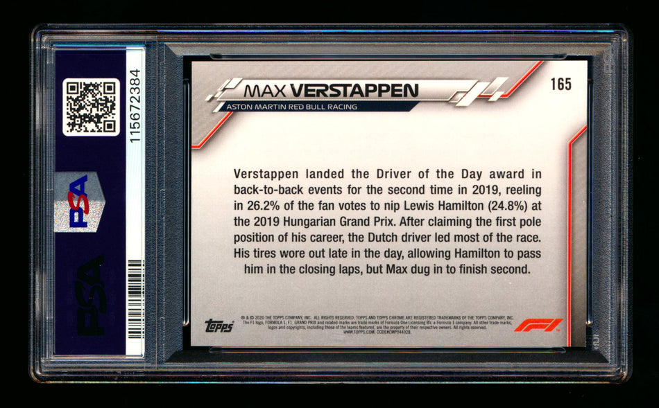 2020 Topps Chrome F1 #165 Max Verstappen RC 70th Anniversary Red Refractor PSA 8 ** (SOLD - $1,150.00 - 9/23/2025) **