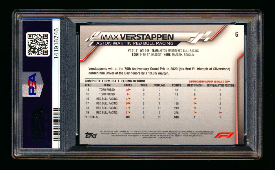 2020 Topps Chrome Sapphire F1 #6 Max Verstappen RC Refractor Image Variation SP PSA 9