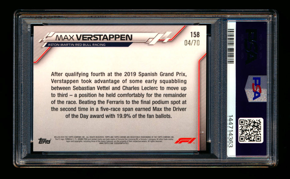 2020 Topps Chrome Sapphire F1 #158 Max Verstappen RC 70th Silver Refractor #04/70 PSA 8