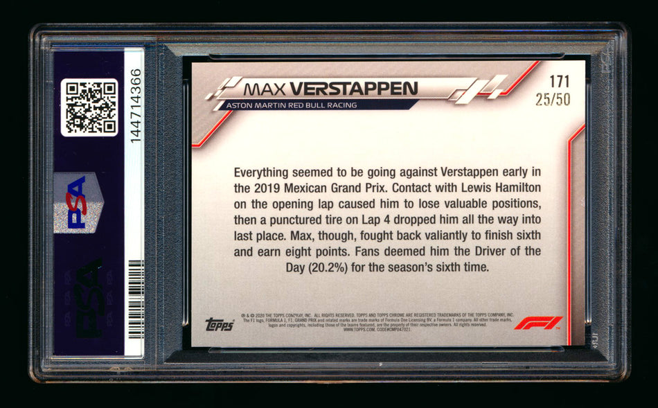2020 Topps Chrome Sapphire F1 #171 Max Verstappen RC Gold Refractor #25/50 PSA 8 ** (SOLD - $300.00 - 5/2/2026) **