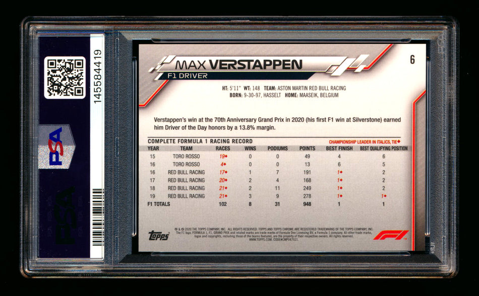 2020 Topps Chrome Sapphire F1 #6 Max Verstappen RC Refractor Portrait PSA 10